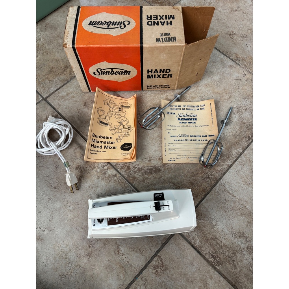 Vintage Sunbeam Mixmaster Hand Mixer HMD-1W White with Original Box & Manual
